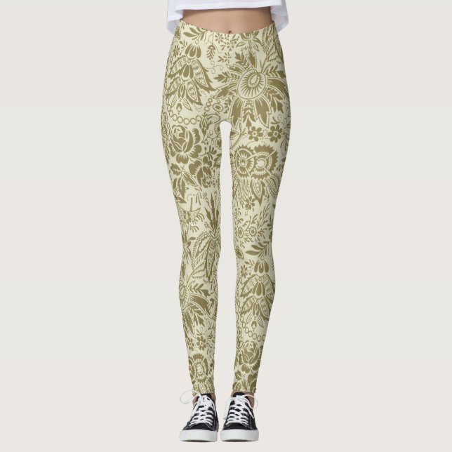 Blommönster Grönt Sage Antique Damask Leggings (Framsida)