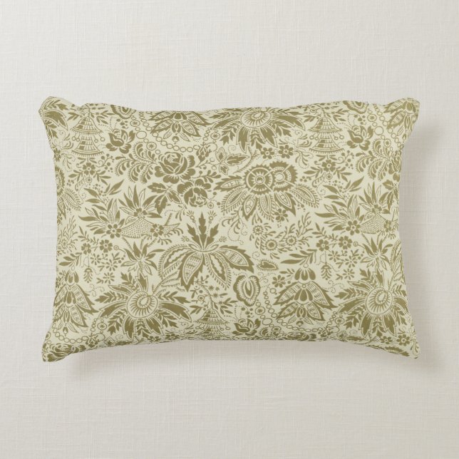 Blommönster Grönt Sage Antique Damask Prydnadskudde (Framsidan)