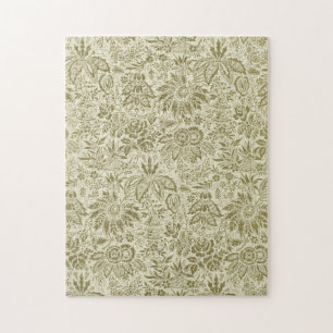 Blommönster Grönt Sage Antique Damask Pussel