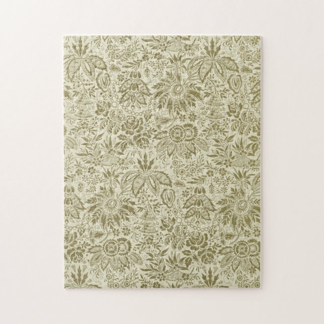 Blommönster Grönt Sage Antique Damask Pussel (Vertikal)
