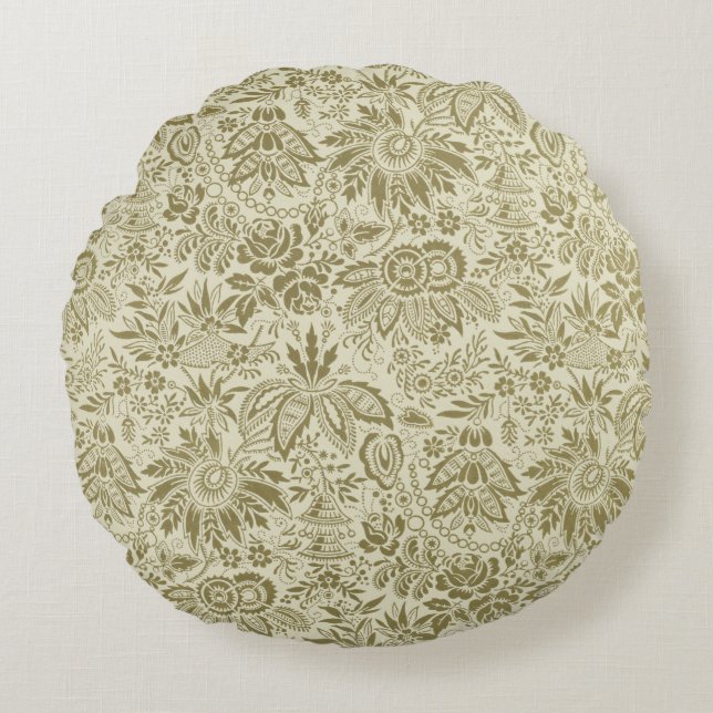 Blommönster Grönt Sage Antique Damask Rund Kudde (Framsidan)