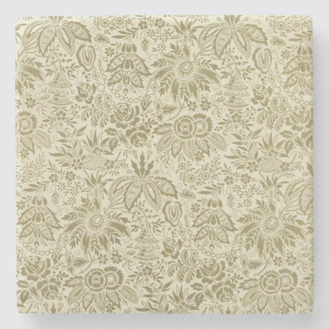 Blommönster Grönt Sage Antique Damask Stenunderlägg (Framsidan)