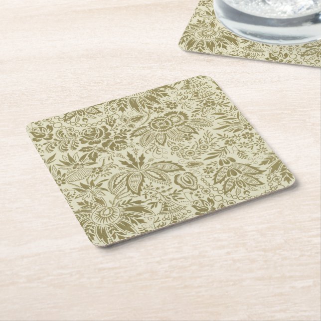 Blommönster Grönt Sage Antique Damask Underlägg Papper Kvadrat (Vinklad)