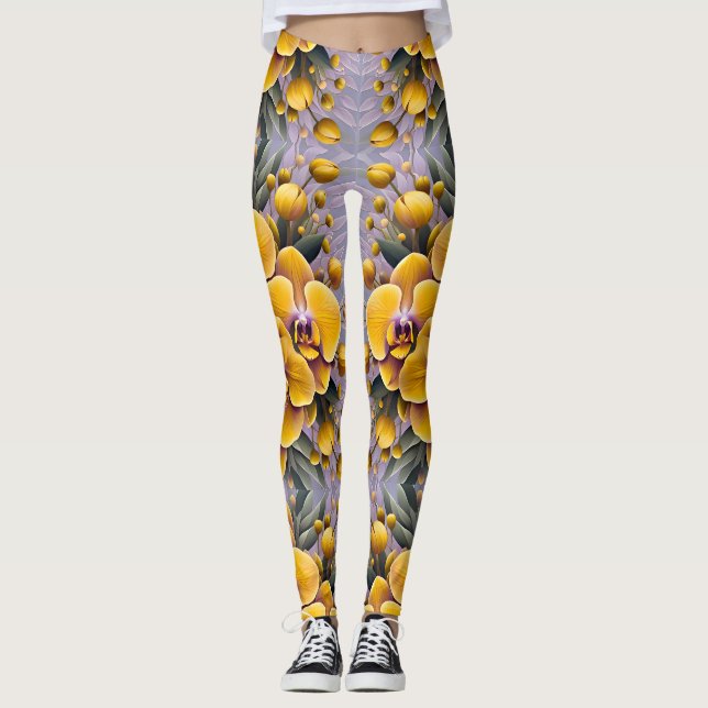 BLOMMÖNSTER ~ Gul silver ~ Leggings (Framsida)