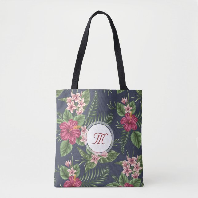 Blommönster Hibiscus Monogram Tote Bag Tygkasse (Framsida)