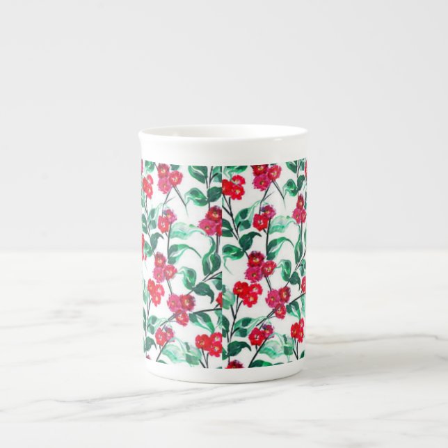 Blommönster i röd färg-56698 benporslin mugg (Framsidan)