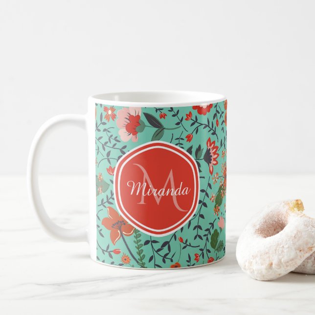Blommönster i Teal and Orange och Red Monogram Kaffemugg (Med munk)