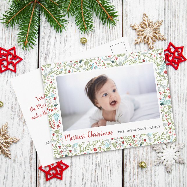 Blommönster Jul Holiday Mönster Foto Vykort (Floral Christmas Holiday Pattern Photo Postcard)