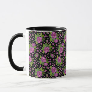 Blommönster Lila Rosa Grön Svart Mugg