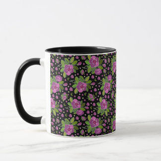 Blommönster Lila Rosa Grön Svart Mugg