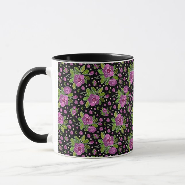 Blommönster Lila Rosa Grön Svart Mugg (Vänster)