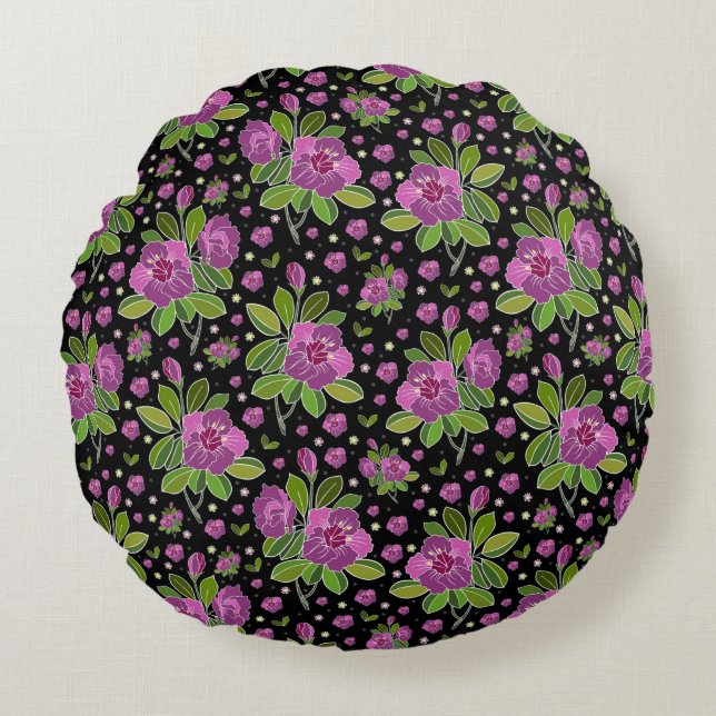 Blommönster Lila Rosa Grön Svart Rund Kudde (Framsidan)