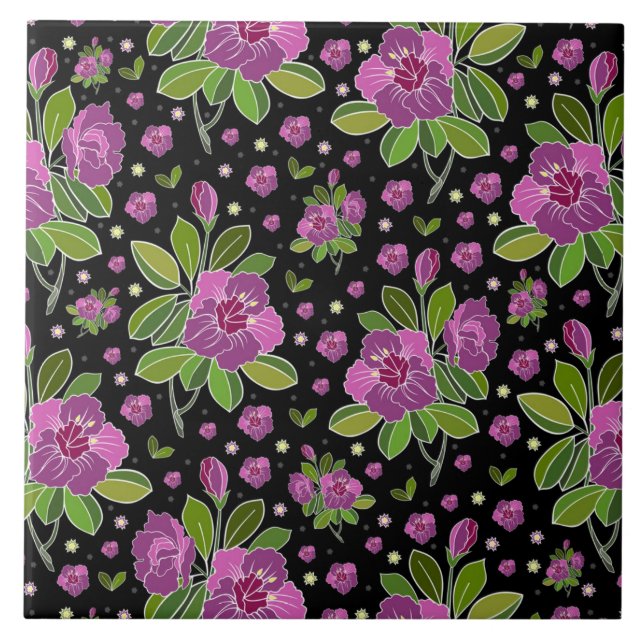Blommönster Lilac Rosa Grönt Black Kakelplatta (Framsidan)