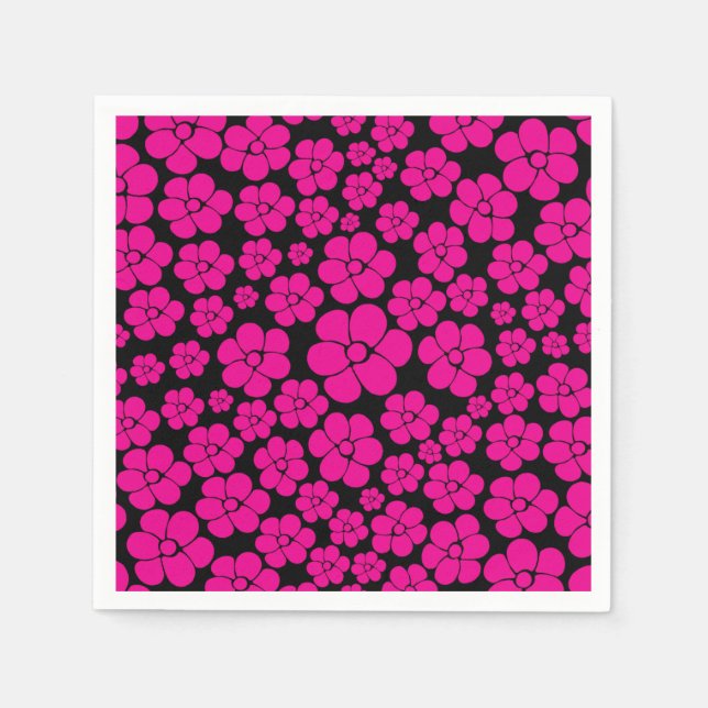 Blommönster - Magenta och Svart Pappersservett (Framsidan)