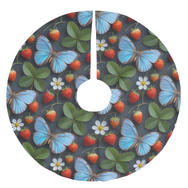 Blommönster med blå Morpho-fjärilar Julgransmatta Borstad Polyester (Framsidan)