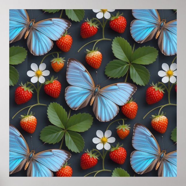 Blommönster med blå Morpho-fjärilar Poster (Framsidan)