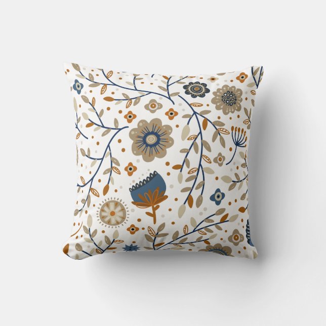 Blommönster med blåa och orange blommor kudde (Framsida)