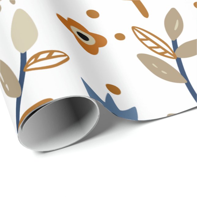 Blommönster med blåa och orange blommor  presentpapper (Rullad Hörn)