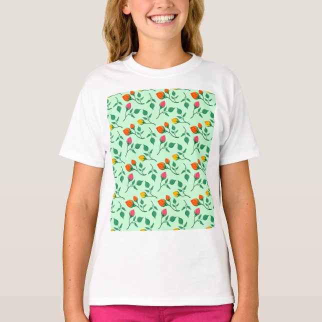 Blommönster med blommorna T-Shirt i färgad ro (Framsida)