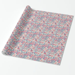 Blommönster med fågeln och fjärilen presentpapper