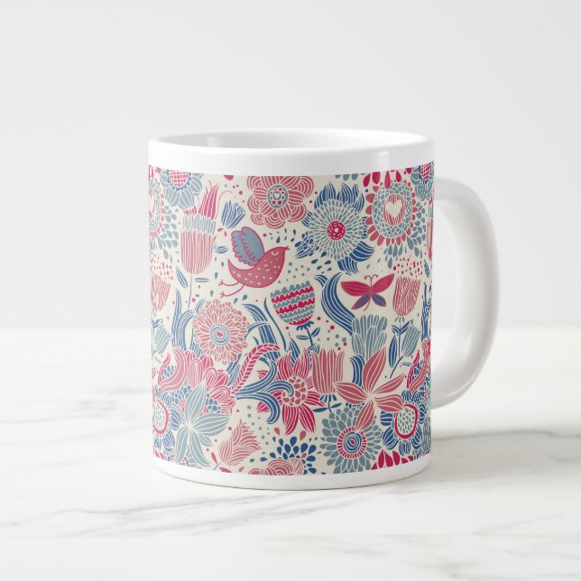 Blommönster med fåglar och fjäril jumbo mugg (Framsida höger)