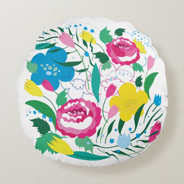 Blommönster med färgad bukett. rund kudde (Framsidan)