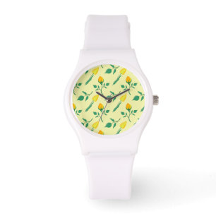Blommönster med gul ros och tulpanblommor armbandsur