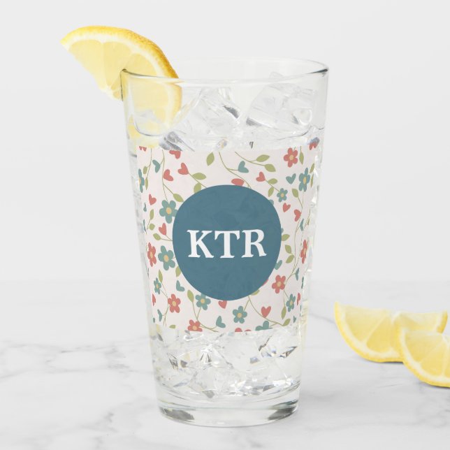 Blommönster med monogram glas tumbler (Framsida Ice)