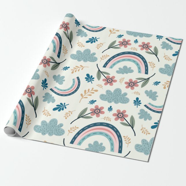 Blommönster med regnbåge och molnformer  presentpapper (Utrullad)