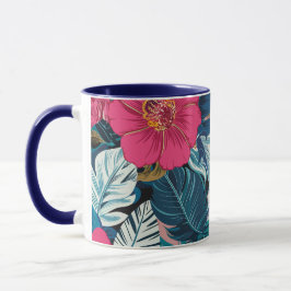 Blommönster med Rosa Hibiscus och blåfoliage Mugg