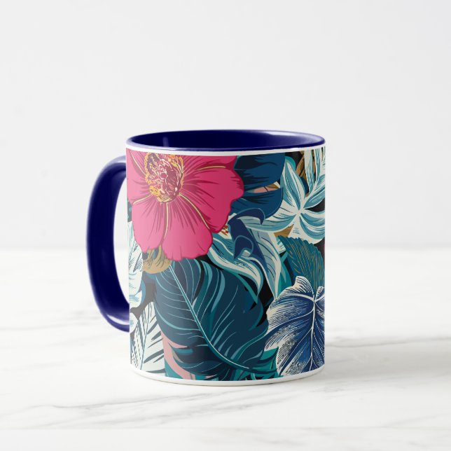 Blommönster med Rosa Hibiscus och blåfoliage Mugg (Framsida vänster)