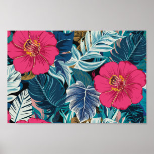 Blommönster med Rosa Hibiscus och blåfoliage Poster