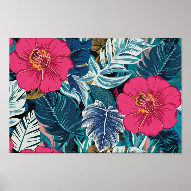 Blommönster med Rosa Hibiscus och blåfoliage Poster (Framsidan)