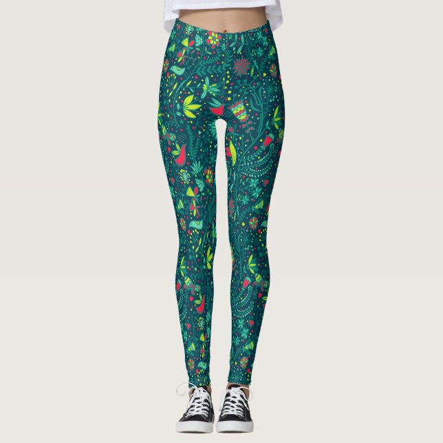Blommönster med tecknadfåglar 2 leggings (Framsida)