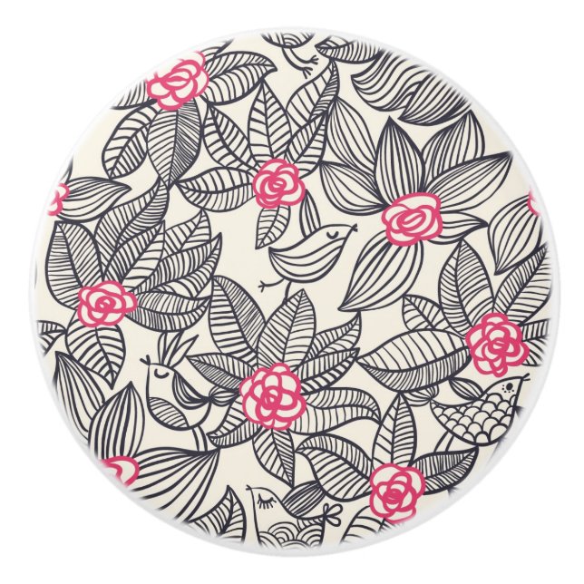 Blommönster med tecknadfåglar knopp (Framsidan)