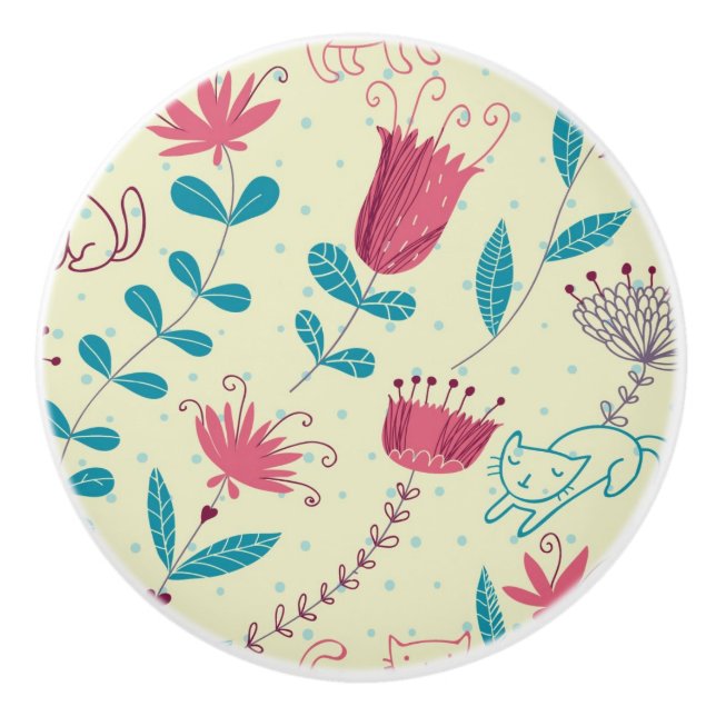 Blommönster med tecknadkatter knopp (Framsidan)