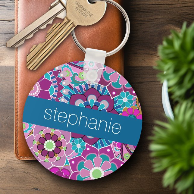 Blommönster mellan kalk och Rosa med Anpassningsba Nyckelring (Personalized Keychain)