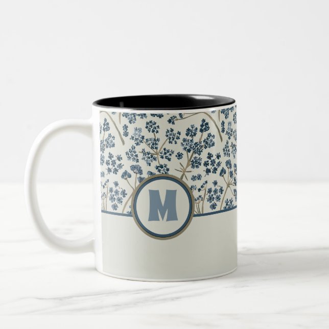 Blommönster Monogram Blue Watercolor Caraway Två-Tonad Mugg (Vänster)