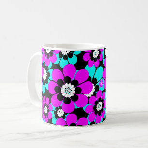 Blommönster Neon Mönster Lila och Turkosa Blommor Kaffemugg