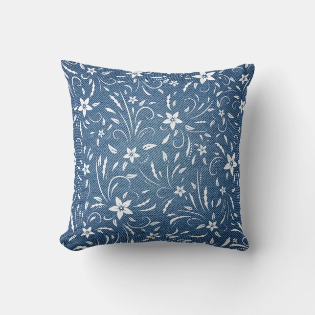 Blommönster om denim kudde (Framsida)