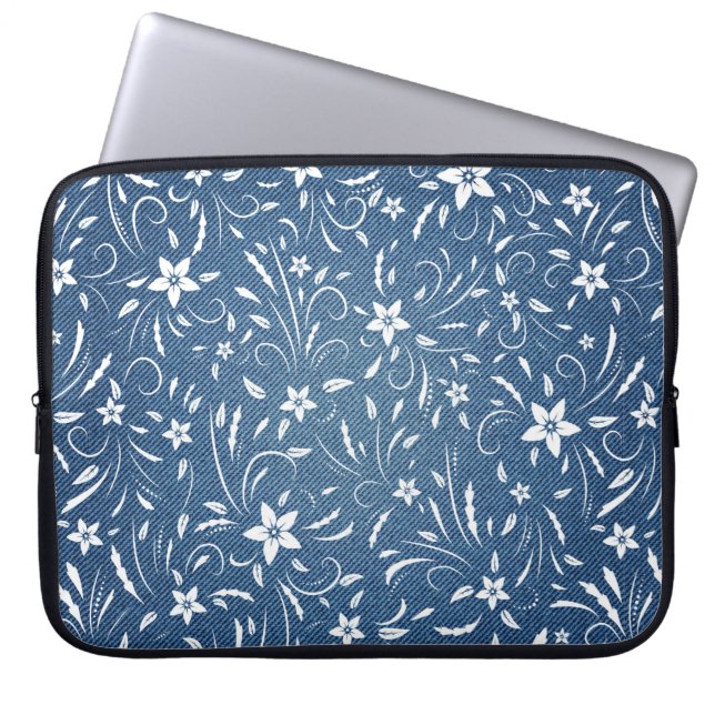Blommönster om denim laptop fodral (Framsidan)