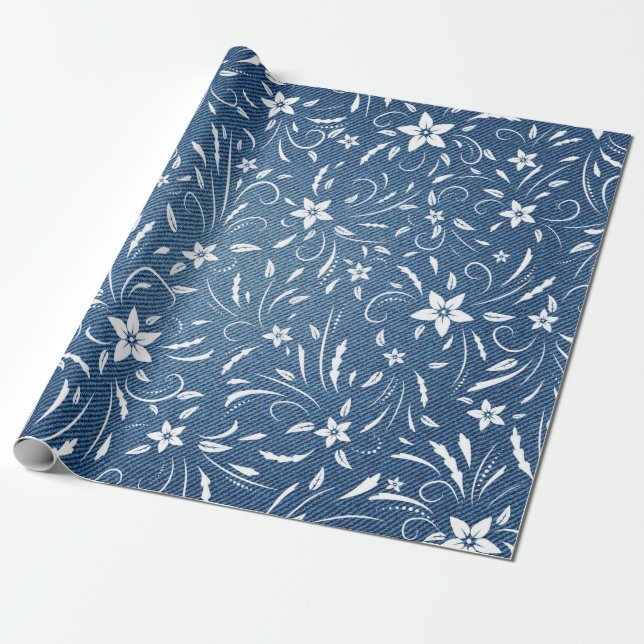 Blommönster om denim presentpapper (Utrullad)