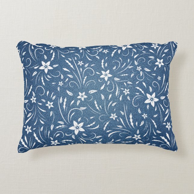 Blommönster om denim prydnadskudde (Framsidan)