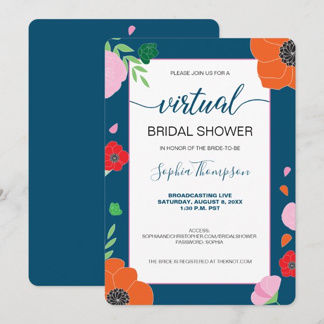 Blommönster om mörk blått VIRTUELL MÖHIPPA Inbjudningar (Fram/baksida)