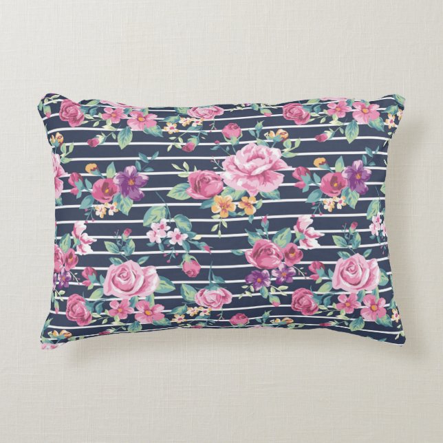 Blommönster om Rand Ro Foliage Rosa Lila Prydnadskudde (Framsidan)