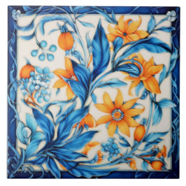 Blommönster - Orange och blått Kakelplatta