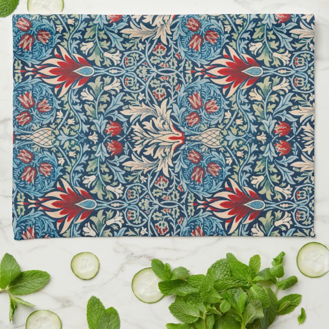 Blommönster på gröna blad blå bakgrund kökshandduk (Vikta)