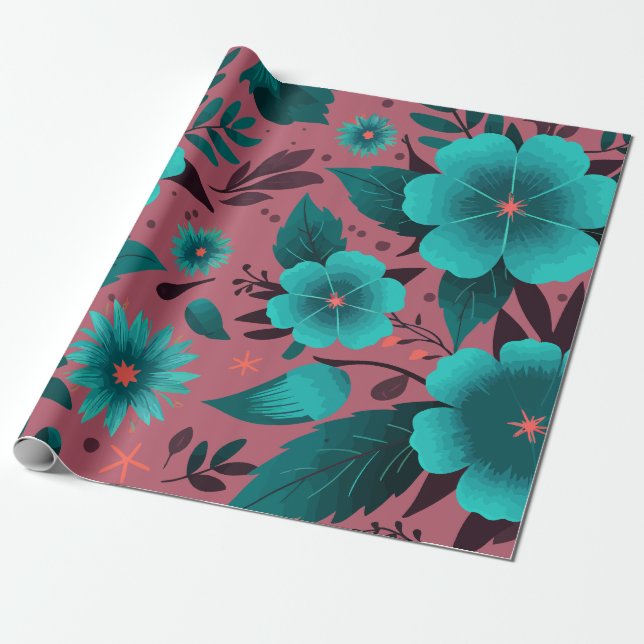 Blommönster på Maron-bakgrunden Presentpapper (Utrullad)