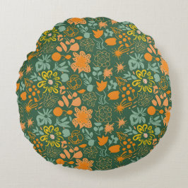 Blommönster på mörkgrön bakgrund  rund kudde