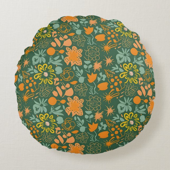 Blommönster på mörkgrön bakgrund  rund kudde (Framsidan)